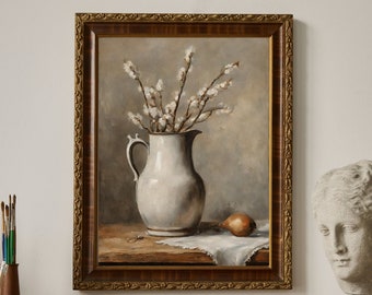 May include: A framed painting of a white ceramic pitcher filled with white pussy willow branches. The pitcher is sitting on a wooden table with a white cloth and a single brown onion.