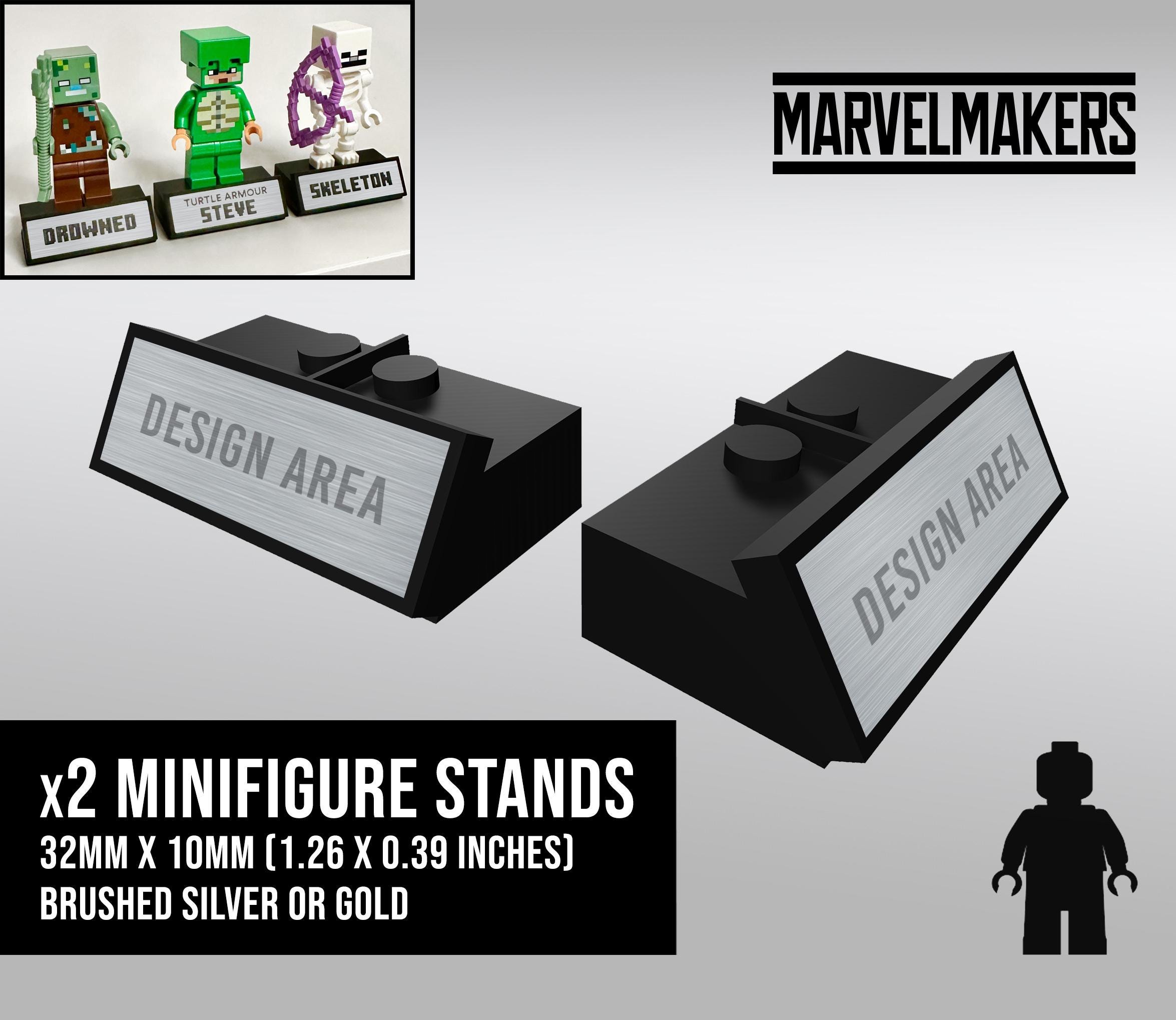 x2 (Pair) Custom Lego Minifigure Laser Engraved Name Plate Display Stand / Plaque / Plinth - 32mm x 10mm - Add own text