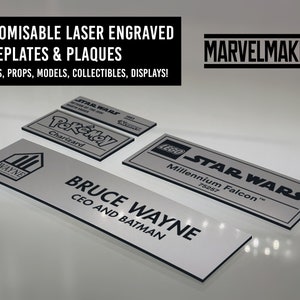 May include: Customisable laser engraved nameplates and plaques for toys, props, models, collectibles, and displays. The image shows five examples of nameplates with different designs, including Star Wars, Pokemon, Lego, and a custom nameplate.