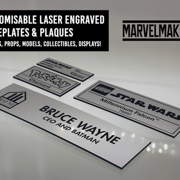 Custom Size Laser Engraved Name plate ONLY Plaque for Collectibles, Props, Models, Die-cast, cars, toys, Dinky, Lego Design Service included