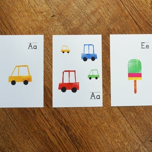 Lot de 3 cartes postales MELAdi Cars Ice Cream Alphabet, motifs faits à la main en impression gel à suspendre, à offrir en cadeau 12 x 17,5 cm