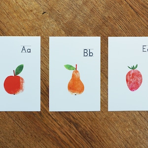 Postkarten 3er Set  MELAdi fruit - alphabet handgemachte Motive aus Gel-Print zum Aufhängen, verschenken 12 x 17.5 cm