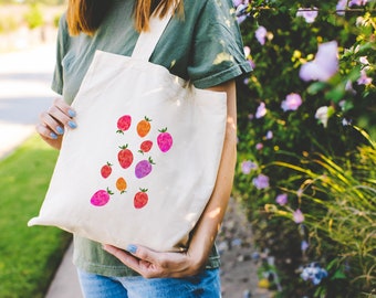 Biologische katoenen tas MELAdi Collage Fragole - Aardbeien Kunstzinnige boodschappentas - Hoogwaardig gelprintontwerp