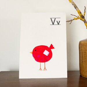 Carte postale MELAdi oiseau - motifs alphabet faits à la main en impression gel à suspendre, à offrir 12 x 17,5 cm