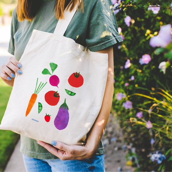 Organic Cotton Bag MELAdi Collage Verdura - Vegetables Artsy Shopping Bag - High Quality Gel Print Design