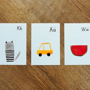 Lot de 3 cartes postales MELAdi - Alphabet motifs faits à la main en impression gel à suspendre, à offrir 12 x 17,5 cm