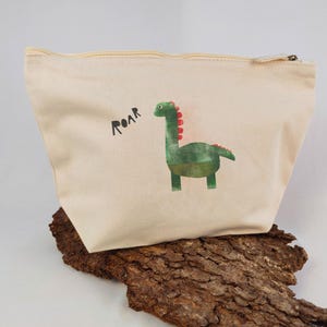 Zubehörtasche aus Bio-Baumwolle - Dino - MELAdi Tasche für Accessoires mit handgemachten Motiven für Reisen, als Geschenk L 33x22.5x11cm