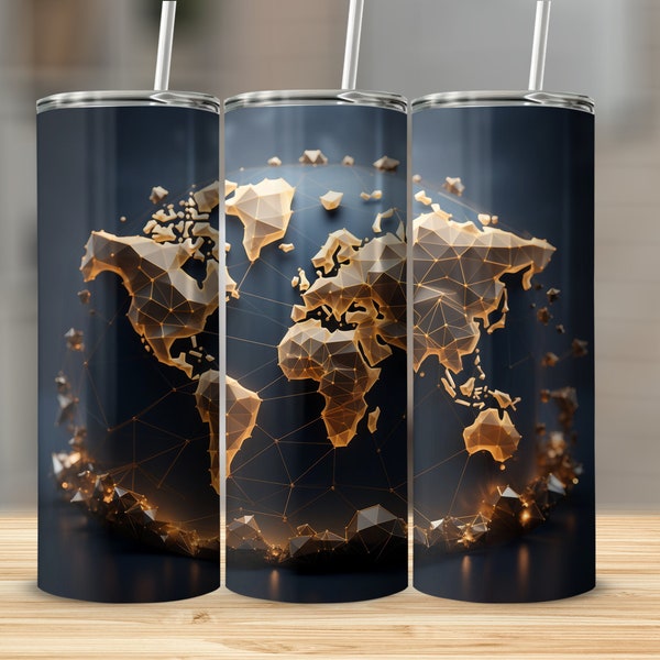 Geometrical World Map - 20oz Tumbler Wrap, Straight & Tapered Sublimation Wrap Design, Instant PNG Download