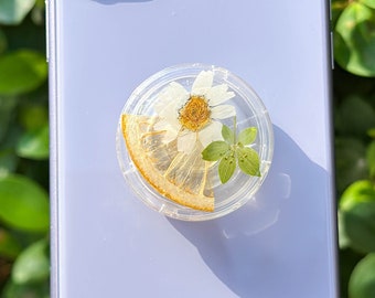 Handmade Lemon Real Fruit Phone Grip, Pressed Daisy Flower Magnetic Phone Grip Holder, Dried Flower Cute Phone Grip, Phone Charm Phone Stand