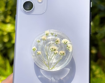 Handmade White Baby's Breath Phone Grip, Pressed Flower Phone Grip Holder, Dried Flower Phone Grip, Phone Charm, Magnetic Phone Grip Base