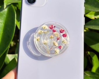 Handmade Pink and White Baby's Breath Phone Grip, Pressed Flower Phone Grip Holder, Cute Dried Flower Phone Grip, Phone Stand Christmas Gift
