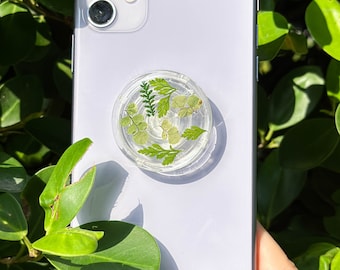 Supporto per telefono con vera foglia di felce, supporto per telefono con foglie secche, supporto per telefono con foglie verdi fatte a mano, supporto per telefono con foglie pressate, regalo di Natale naturale