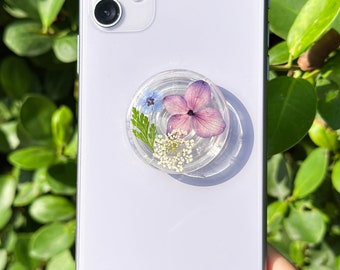 Handmade Hydrangea Macrophylla Phone Grip Holder, Dried Flower Phone Grip, Forget Me Not Leaf Grip, Pressed Flower Phone Grip Christmas Gift