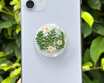 Uchwyt na telefon w kształcie choinki, uchwyt na telefon z prawdziwego różowego narcyza, uchwyt na telefon z suszonych zielonych liści, ręcznie robiony stojak na telefon z suszonych kwiatów