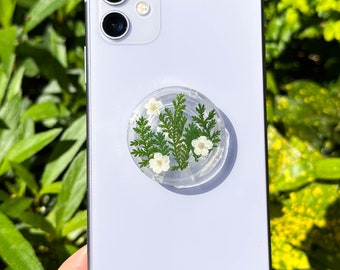 Soporte para teléfono con forma de árbol de Navidad, soporte para teléfono con forma de flor de narciso rosa real, soporte para teléfono con hojas secas verdes, soporte para teléfono con flores prensadas hechas a mano, regalo