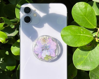 Handmade Pressed Purple Flower Phone Grip Holder, Dried Flower Phone Grip, Real Flower Phone Stand, Phone Charm, Thanksgiving Christmas Gift