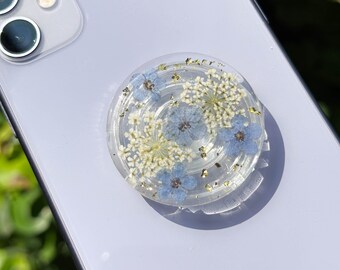 Handmade Forget Me Not Pressed Flower Phone Grip Holder, Dried Lace Real Flower Phone Grip, Gold Foil Phone Stand, Phone Accessories Charm