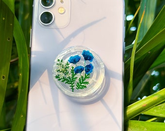 Handmade Blue Baby's Breath Phone Grip, Pressed Flower Phone Grip Holder, Magnetic Phone Grip, Dried Real Fern Leaf Phone Stand, Phone Charm