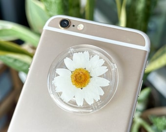 Handmade Daisy Real Flower Phone Grip, Pressed Flower Phone Grip Holder, Dried Flower Phone Grip, Magnetic Phone Charm Grip, Phone Stand