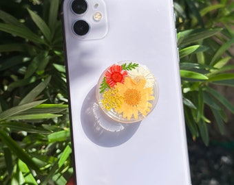Handmade Yellow Daisy Phone Grip, Pressed Flower Phone Grip Holder, Dried Flower Phone Grip, Phone Charm Grip, Thanksgiving Christmas Gift