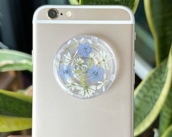 Agarre para teléfono hecho a mano con forma de nomeolvides, magnético con flores prensadas y flores secas, colgante, soporte y bonito agarre.