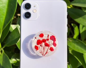 Handmade Red Baby's Breath Phone Grip, Pressed Flower Phone Grip Holder, Cute Dried Flower Phone Grip, Thanksgiving Christmas Phone Gift
