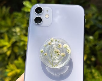 Handmade White Baby's Breath  Phone Grip, Magnetic Real Flower Phone Grip, Pressed Flower Cute Phone Grip Holder, Dried Flower Phone Base