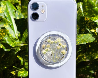 Handmade White Baby's Breath Phone Grip, Pressed Flower Phone Grip Holder, Dried Flower Phone Grip, Thanksgiving Christmas Phone Charm Gift