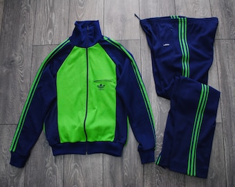 Adidas Vintage Retro-Trainingsanzug, Jacke, Hose, Oldschool Track, Ventex, Blau und Grün, Retro-Stil der 1980er Jahre, Größe 174 cm. (S)