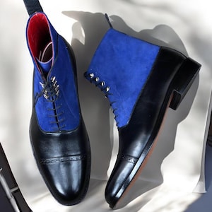 Handmade Leather Cap Toe Boots | Black Blue Suede Ankle Boots | Men&#39;s Dress Casual Shoes