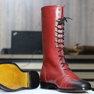 Red Leather Knee High Boots - Handmade Men Tall Lace Up Dress Boots