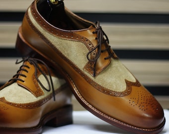 Tan Leather Wingtip Brogues - Handmade Men Suede Two Tone Spectator Dress Shoes
