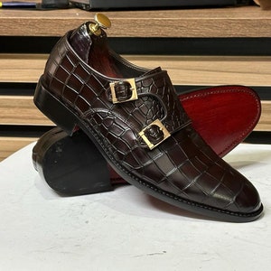 Experience Refinement: Handmade Brown Leather Alligator Texture Double Monk Shoes for Men