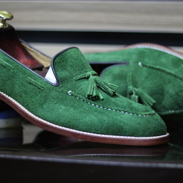 Step into Style: Handmade Goodyear Welted Green Suede Leather Tassel Loafers for Men