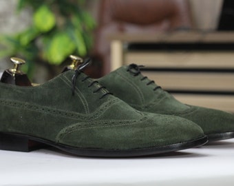 Handmade Green Leather Wingtip Shoes - Men's Dress Shoes