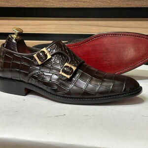 Experience Refinement: Handmade Brown Leather Alligator Texture Double Monk Shoes for Men