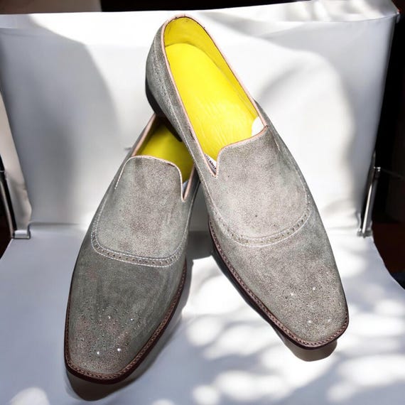Suede Loafers | Handmade Grey Suede Slip-on Shoes With  display picture 2