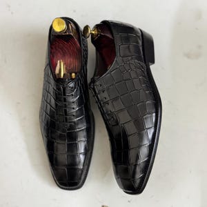 Black Alligator Embossed Leather Oxford Shoes: Handmade Luxury Dress Shoes for Men