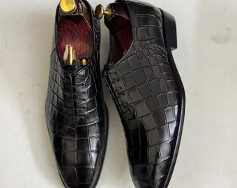 Black Alligator Embossed Leather Oxford Shoes: Handmade Luxury Dress Shoes for Men