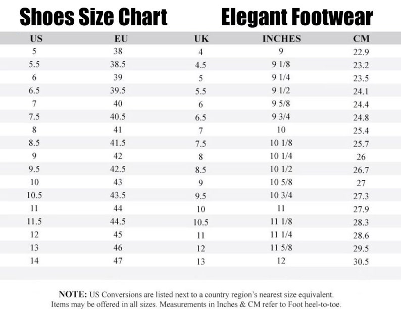 Puede incluir: Una tabla de conversi&oacute;n de tallas de zapatos para hombres, que muestra las tallas US, EU, UK, en pulgadas y cent&iacute;metros. La tabla muestra las tallas de 5 a 14 US.
