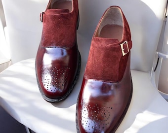 Handmade Burgundy Wingtip Brogue Oxford Two-Tone Leather & Suede Monk Strap Shoes
