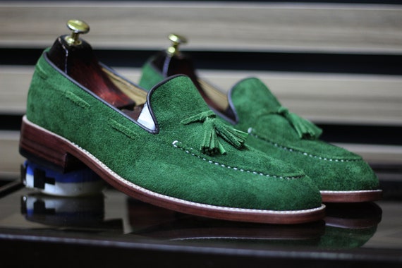 Handmade Goodyear Welted Green Color Suede Leather Tussles Loafers