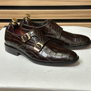 Experience Refinement: Handmade Brown Leather Alligator Texture Double Monk Shoes for Men