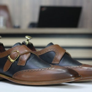Wingtip brogue monk strap shoe brass buckle leather