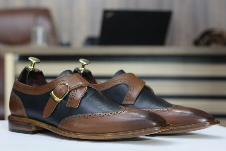 Wingtip brogue monk strap shoe brass buckle leather