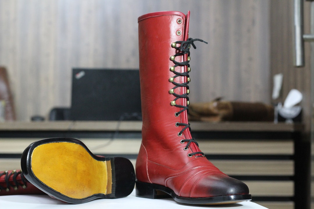 Handmade Red Leather Lace-up Combat Boots for Men – High-top