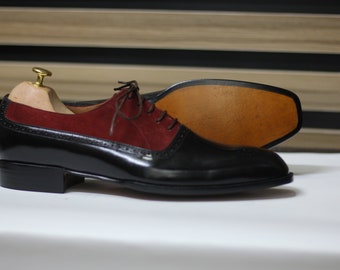 Handmade Oxford Style Two Tone Lace Up Shoes, Suede And Leather