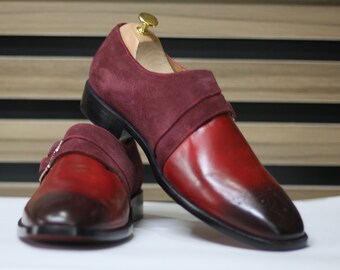 Mocasines de doble hebilla de piel burdeos hechos a mano: zapatos de vestir con punta brogue
