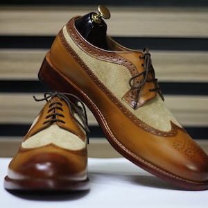 Handmade Brown Wing Tip Brogue Oxford Two Tone Leather & Suede Boots.