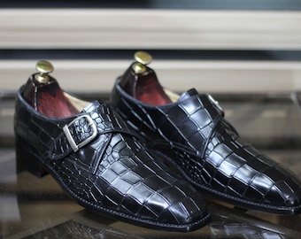 Sapatos texturizados de jacaré monge único, sapatos pretos de couro para homens